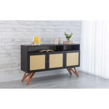 Imagem de Balcão Buffet Para Sala De Jantar Mdf Preto Pés Jatobá 3 Portas Com Ni