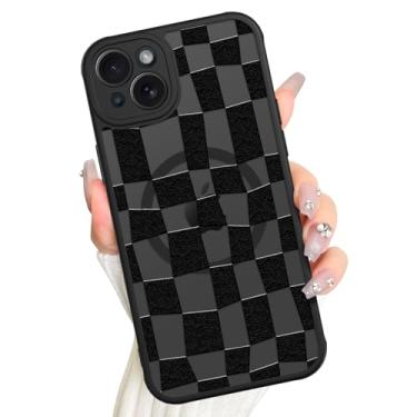 Imagem de AIGOMARA Capa magnética para iPhone 15, compatível com Magsafe com padrão xadrez preto fofo protetor de tela para câmera fosco translúcido quadriculado capa de telefone para mulheres e meninas