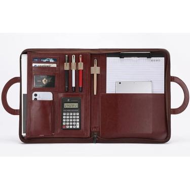 Imagem de A4 Organizador De Portfólio De Negócios Pu Couro Zipado Conferee Pasta Com Zíper Alça Magnética Prancheta Notebook Para Entrevista, Black, 8-digit calculator