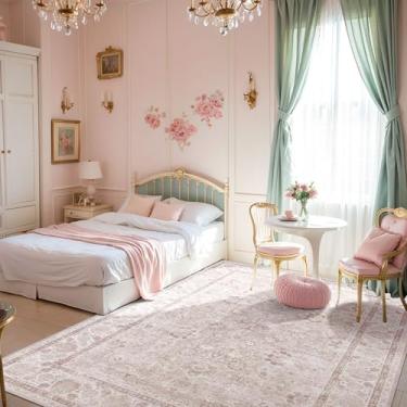 Imagem de Tapetes de área rosa 12 x 18 cm para bebês meninas, tapete floral neutro para sala de estar, vintage boho lavável, tapete interno para quarto e sala de jantar