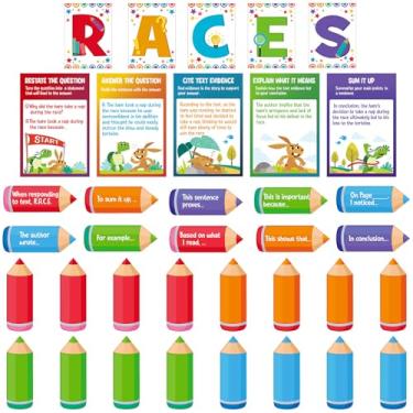 Imagem de Outus Conjunto de pôster de quadro de avisos estratégico de corridas, 36 peças, recortes de alfabeto e pôsteres de escrita, lápis com início de frase e lápis em branco para decoração de parede de sala de aula do ensino fundamental