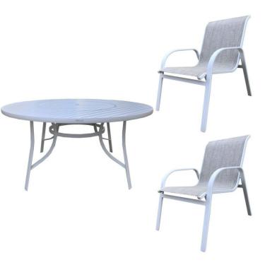Imagem de Conjunto Alumínio Mesa 150cm Com Giratória Central Porto Rico E 2 Poltronas Tela Branco/bege