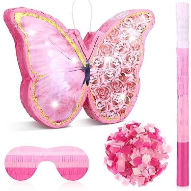 Imagem de Zhanmai Pacote De Pinata De Girassol De Borboleta Pequena Conjunto De Pinata De Menina Inclui 15,4 X 11,3 X 2 Polegadas Bastão De Pinata De Borboleta Rosa E Máscara De Venda Para Meninas Decoração De