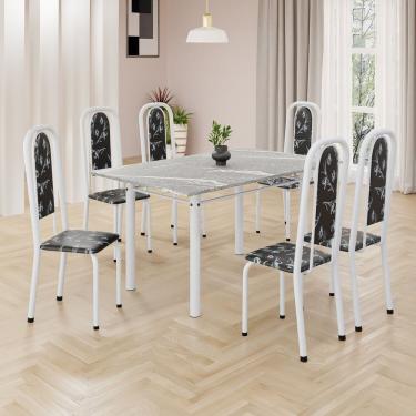 Imagem de Conjunto De Mesa Retangular 140x75cm Tampo Granito Topázio 6 Cadeiras Lavínea Preto Floral Branco