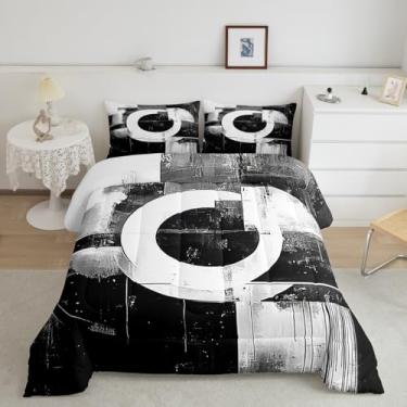 Imagem de Feelyou Conjunto de cama infantil, preto, branco e cinza, arte abstrata, tamanho Queen, geométrico, ultramacio, geométrico, geométrico, geométrico, geométrico, decoração de quarto