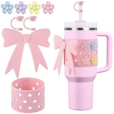 Imagem de ERKOON Tampa de palha para Stanley, acessórios de copo de arco fofo compatíveis com Stanley Cup 1,134 g, incluindo topos de palha reutilizáveis, decoração de arco de Sakura DIY Acessório de copo