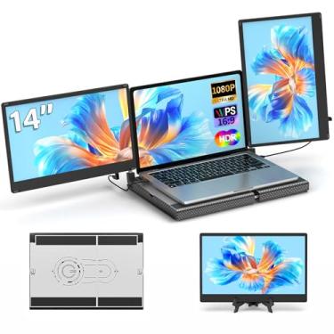 Imagem de POTTMACEE Extensor de tela para laptop, tela dupla FHD IPS ultrafina de 14,2 polegadas, monitor portátil para laptop de 13 a 17,3 polegadas com porta USB-C/HDMI, Plug & Play para Windows/Mac/Android