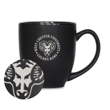 Imagem de Rico Industries NCAA West Chester Golden Rams 425 g Caneca de cerâmica preta fosca gravada a laser - para bebidas quentes ou frias