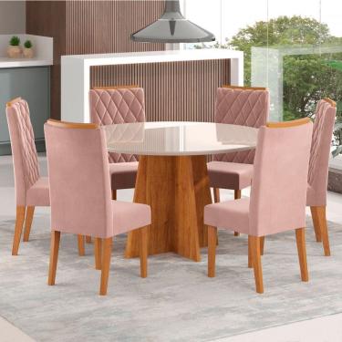 Imagem de Mesa de Jantar 6 Lugares Virginia com Vidro Marrom/Off White/Veludo Rosa - Pnr Móveis