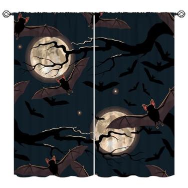 Imagem de Cortinas de morcego, padrão com morcego voador ao luar dia das bruxas, tratamentos de janela de chão negro, cortinas de isolamento térmico retrô com bolso para varão para quarto, sala de estar, 106 cm