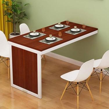 Imagem de Mesa De Mesa De Parede Suspensa, Mesa De Jantar Dobrável De Madeira Maciça, Mesa De Computador De Estação De Trabalho Hging Com Economia De Espaço Multifuncional, Teak Color + White, 90*50cm/35*20in