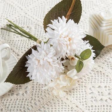 Imagem de 6 ramos de crisântemo bulboso de seda, hortênsia, flores artificiais, buquê de casamento, decoração para casa (1 peça/(branco))