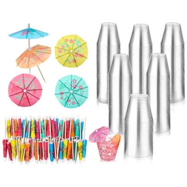Imagem de FoldTier 100 palhetas de guarda-chuva para coquetéis e bebidas com 100 peças, conjunto de copos de plástico transparente de 255 g, palitos de papel colorido, mini copos descartáveis para festa