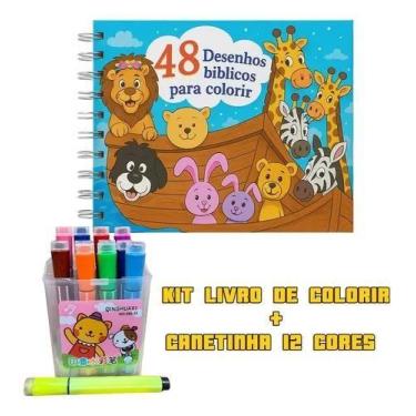 Imagem de Livro Bíblico de Colorir + 12 Canetas Hidrocor Infantil - MIMOS PET