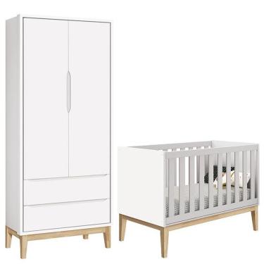 Imagem de Berço Americano E Guarda Roupa Classic 2 Portas Branco Com Pés Madeira Natural ? Reller