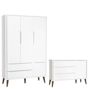 Imagem de Cômoda Infantil Com Porta E Guarda Roupa 3 Portas Theo Branco Acetinado Com Pés Amadeirado ? Reller