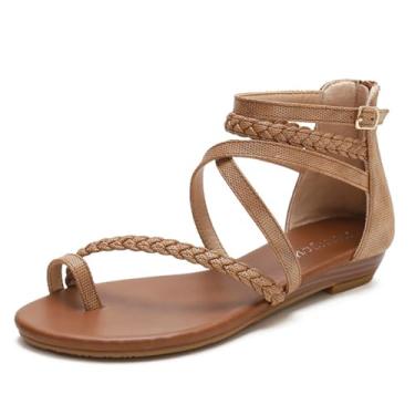 Imagem de Sandálias femininas, sandálias gladiadoras de verão, chinelos baixos femininos, bico aberto, casual, praia, com suporte de arco, para namoradas e mães(Brown,42 EU)