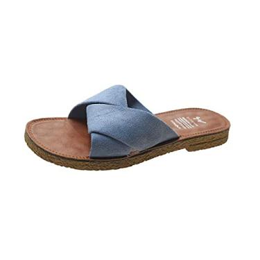 Imagem de Sapatos femininos de salto alto, camurça, conforto ideal, antiderrapante confortável, sandálias rasas femininas, moda, respirável, chinelos vintage, para trabalho, condução na praia(Blue,35 EU)