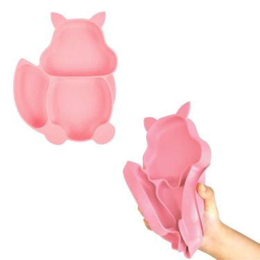 Imagem de Prato Infantil Silicone 3 Divisórias Alimentação C/ Ventosa Rosa