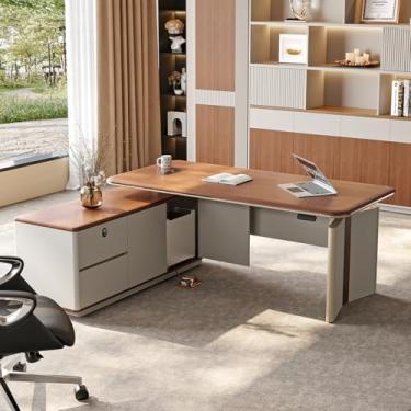 Imagem de Mesa de pé ajustável de altura elétrica sem montagem com gavetas de armazenamento - Mesa executiva grande para computador com régua elétrica para escritório em casa, 4 alturas predefinidas de memória