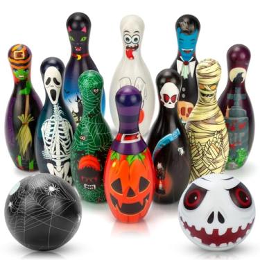 Imagem de AORZIT Jogo de boliche para artigos de festa infantil, jogos de festa de Halloween Pinos de boliche de espuma bolas de boliche para jogos de Halloween, jogos de Carnaval de Halloween