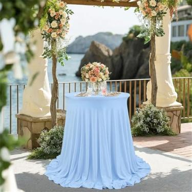 Imagem de Pacote com 2 capas para mesa de coquetel, toalha de mesa elástica de elastano 32 x 43 polegadas com saia redonda ondulada natural para festa de casamento, azul, 1 pacote