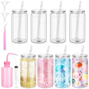 Imagem de Pacote com 8 copos de globo de neve de plástico de 473 ml, copo de globo de neve transparente de parede dupla com orifício pré-perfurado, com irrigador de cotovelo, garrafa de espremer de 250 ml