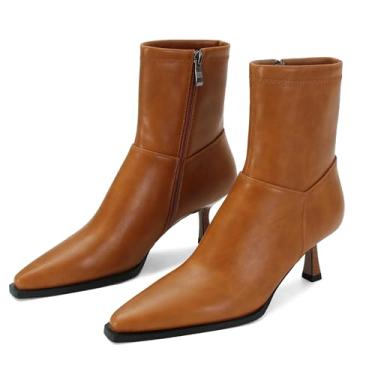 Imagem de SOVANYOU Botas femininas elegantes no tornozelo, bico fino, salto gatinho, com zíper lateral, elegante, confortável, botas curtas pretas, Marrom claro, 39