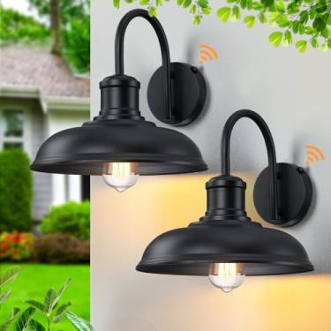 Imagem de MYHXQ Luz de celeiro de pescoço de ganso ao amanhecer do crepúsculo ao amanhecer de 30 cm, pacote com 2 arandelas de parede externa de casa de fazenda, luminária de parede preta industrial para