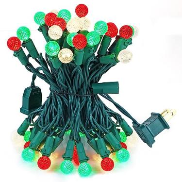 Imagem de BOHON Luzes de Natal vermelhas brancas e verdes facetadas ao ar livre G15 50 LED 5,2 m Plug in Mini Globo Luzes quentes à prova d'água extensível fio verde para decoração de árvore de Natal de Ação de