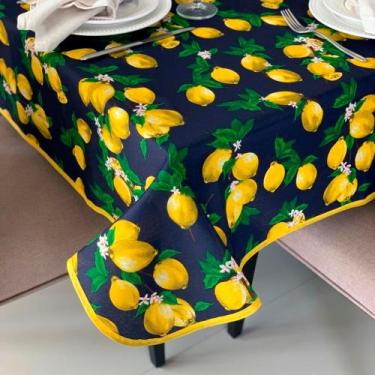 Imagem de Toalha de Mesa em Gorgurinho Limão Siciliano Fundo Marinho, 1,50 x 1,5