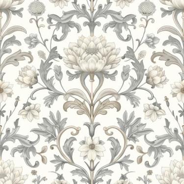 Imagem de REDAMANCY Papel de parede vintage branco cinza damasco William Morris flor descascar e colar papel de parede papel de parede vintage papel de parede vintage fácil de remover para mesa de cabeceira