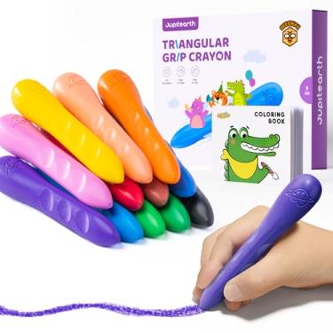 Imagem de JUPITEARTH Giz de cera de 12 cores para crianças de 4 a 8 anos com livro de colorir e adesivos bônus, giz de cera triangular não tóxico e lavável para crianças de 1 a 3 anos, brinquedos de cérebro