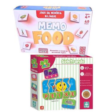 Imagem de Kit Jogo Da Memória Infantil Madeira Memo Food Bilingue E Soletrando E