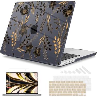 Imagem de Mektron Capa para laptop 2025 MacBook Pro 14 polegadas M4 2024 A3112 A3401 A3185 serve para 2023/2021 M3 A2918 A2992 M2 A2779 M1 A2442 Pro/Max, capa rígida de plástico impresso, dourada Floral
