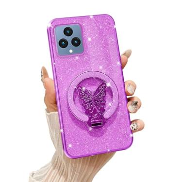 Imagem de Tesazxcn Capa para T-Mobile Revvl 6 com suporte de borboleta compatível com Magsafe, capa protetora à prova de choque para mulheres e meninas com glitter, luxuosa, transparente, à prova de choque para