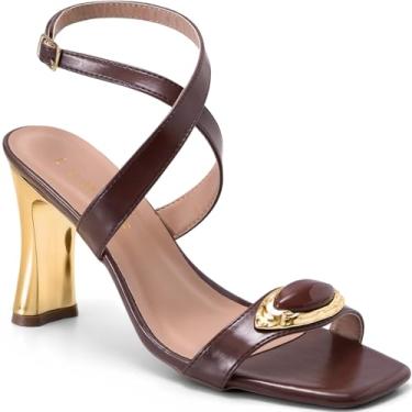 Imagem de Sandália Feminina Lumiss Salto Alto Bloco Metalizado Dourado Enfeite Pedra Blogueira marrom35