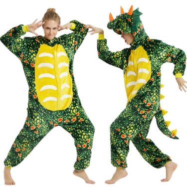 Imagem de Plustrong Fantasia de dinossauro adulto macacão feminino masculino peça única tricerátopo fantasia de Halloween, Verde, Small