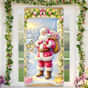 Imagem de BlissYard Capa de porta de Natal rosa saco de presente de Papai Noel cena de neve 88 x 188 cm faixa festiva para decoração de parede interna e externa tecido de poliéster para presentes de meninas ou