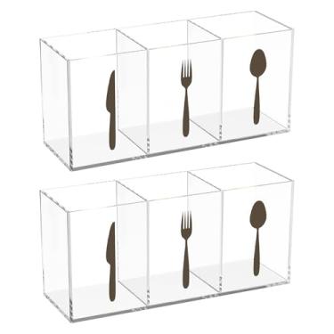 Imagem de Organizador de talheres de acrílico, suporte transparente para colher e garfo, caixa de armazenamento de utensílios de mesa requintada com 3 seções, fácil de limpar, suporte de utensílios, grande