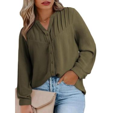 Imagem de Blusa Eytino Plus Size de verão com decote em V e manga comprida para 