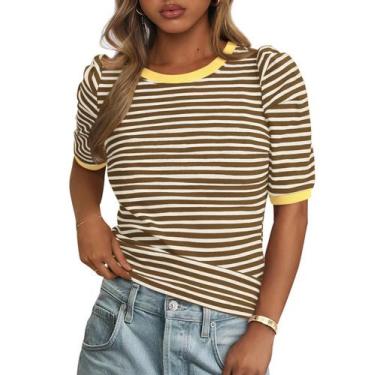 Imagem de Camiseta feminina PRETTYGARDEN, de verão, listrada, cáqui