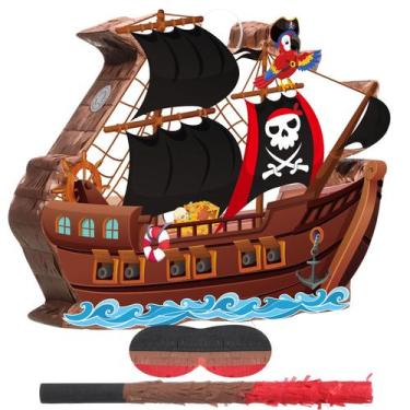 Imagem de Navio pirata Piñata Pasimy com venda e bastão 41x31cm