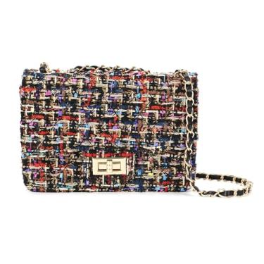 Imagem de TXMAQQ Bolsa feminina quadrada xadrez de tweed, bolsa de ombro moderna de grande capacidade, bolsa de mão com corrente cruzada, bolsa de mão, Preto 5