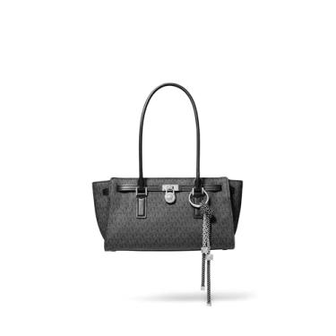 Imagem de Michael Kors Hamilton Bolsa de ombro pequena com pingente, ferragens prateadas/Sarja revestida com assinatura Tonal MK/Preta