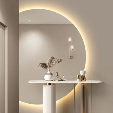 Imagem de Espelho de casa de banho LED de meia lua com luzes reguláveis espelho de toucador montado na parede de 35 * 24 polegadas com iluminação (branco/quente/natural) espelho retroiluminado inteligente