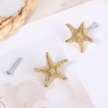 Imagem de HJJWNDDNG Puxadores de gaveta estrela do mar puxador de armário de latão praia costeira Themeb puxador de armário de cozinha puxadores e alças para guarda-roupa de armário (dourado, 2 peças)