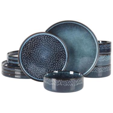 Imagem de Conjunto de Pratos e Tigelas Gibson Elite Matisse Moderna em Pedra Reativa Azul Cobalto - 12 Peças