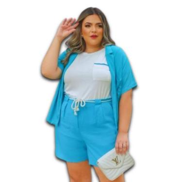 Imagem de Short Feminino Linho Alfaiataria Forrado Botão e Zíper na Frente Plus 