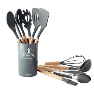 Imagem de Conjunto de Utensílios de Cozinha 12 Peças Silicone Cabo de Madeira Balde Decorativo Resistente a Alta Temperatura 40°C à 230°C Kit Culinário Completo Prático Para Dia a dia Antiaderente (Cinza)